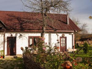 a small white house with a red roof at Pensiunea Cocoș in Spulber