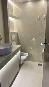 a bathroom with a toilet and a sink and a shower at Stay In Bar in Bar