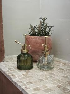 Dos recipientes de vidrio sobre un mostrador con una planta en maceta. en La Petite Escale, en Lunel 21 fotos más
