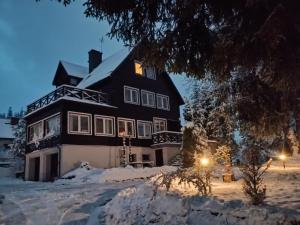 a large house in the snow at night at Willa Cieszynianka in Wisła +7 photos