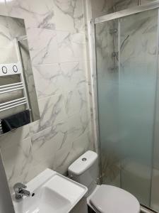 une salle de bains avec douche, toilettes et lavabo dans l'établissement Studio - Le Bourgogne 21, à Orléans 7 autres photos