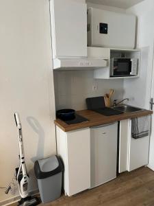 une petite cuisine avec des armoires blanches et un évier dans l'établissement Studio - Le Bourgogne 21, à Orléans