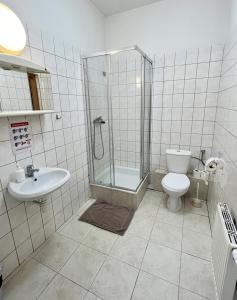 a bathroom with a shower and a toilet and a sink at MOSiR Reda in Reda