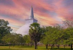 ein Kirchturm mit Bäumen auf einem Feld unter bewölktem Himmel in der Unterkunft madurasinghe villa in Anuradhapura