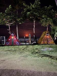 two tents on the grass in a park at night at Camping Gnomo Místico in Olivença