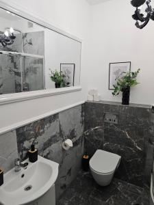 een badkamer met een wastafel, een toilet en een spiegel bij Pokój 105 Comfort 