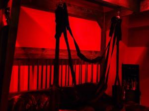 ein Zimmer mit einer roten Wand und einer Hängematte in der Unterkunft Apocalypse Love Room in Vianne + 4 Fotos