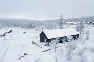 a cabin in the snow with a road next to it at Winter cabin with Jacuzzi in Vestby
