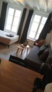 ein Wohnzimmer mit einer Couch und zwei Fenstern in der Unterkunft Studio Bourgogne 20 in Orléans
