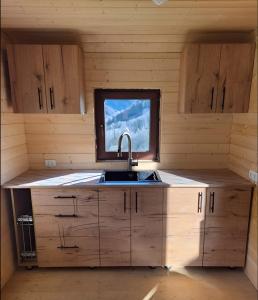 a kitchen with a sink and a window in a cabin at SkyGona in Ghebi