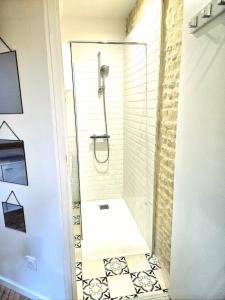 a shower with a glass door in a bathroom at Charmant studio typique & cosy au Cœur de Caen in Caen