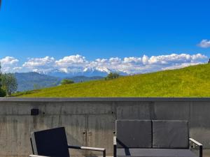 a chair sitting next to a wall with a grassy hill at Willa Pienińska 123 in Maniowy