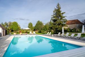 a large swimming pool with chairs and a tree at Le château in Souvigny