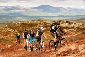 un grupo de personas montando bicicletas en una colina en Hyttekos Lodge, en Kvitfjell