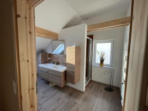 un bagno con lavandino e specchio di Port007 a Priepert