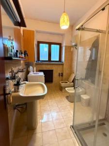 La salle de bains est pourvue de 2 toilettes, d'un lavabo et d'une douche. dans l'établissement Elegant Home, boasting sweeping sea !, à Wilderness