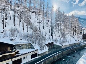 a snow covered mountain with trees and a river at Peaky Riders Self Check-in Hotel in Zermatt
