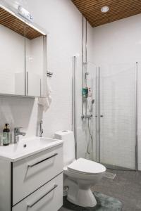 a white bathroom with a toilet and a shower at Private Studio Apt with Best Location in Helsinki