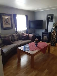 a living room with a couch and a coffee table at Paradis in Norway in Nord-Lenangen