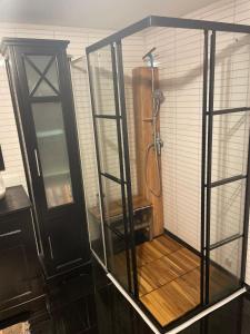 a shower in a glass enclosure in a bathroom at Paradis in Norway in Nord-Lenangen