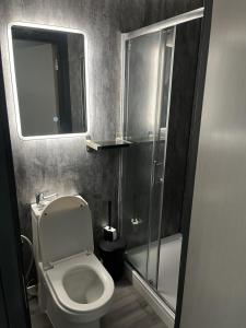 a bathroom with a toilet and a mirror and a shower at The Stadium Hotel Anfield in Liverpool