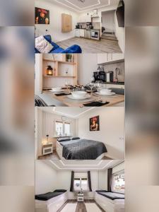 un collage de cuatro fotos de un dormitorio en Ferienwohnung-Apartment Bollenhutzauber, en Gutach