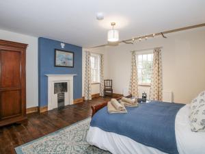 a bedroom with a bed with blue walls and a fireplace at Highfields Farm in Church Stretton