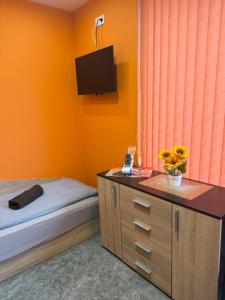 a bedroom with a bed and a tv on the wall at Квартири ЦЕНТРАЛ in Dolna Mitropoliya