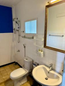 a bathroom with a toilet and a sink and a mirror at The Colony Hotel in Habaraduwa