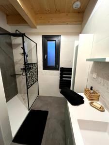 een badkamer met een glazen douche en een spiegel bij Les grands Combes in Saint-Léger-les-Mélèzes