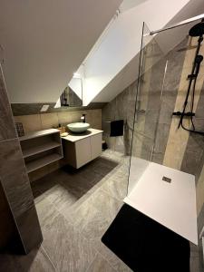 een badkamer met een glazen douche en een wastafel bij Les grands Combes in Saint-Léger-les-Mélèzes +23 foto's