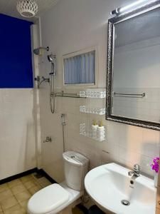 a bathroom with a toilet and a sink and a mirror at The Colony Hotel in Habaraduwa