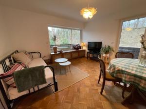 a living room with a couch and a table at Das Grüne Nest in Neckarsteinach