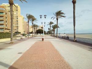 拉波夫拉德法尔纳尔斯Pobla de Farnals BEACH APARTMENT的海滩旁的步道，两旁有棕榈树和建筑物。