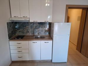 a kitchen with a white refrigerator and a sink at Apartments Kod Cara in Lokva Rogoznica +32 photos