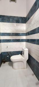 ein Bad mit einem WC und blauen und weißen Streifen in der Unterkunft Sri Narayan Home Stay in Ayodhya
