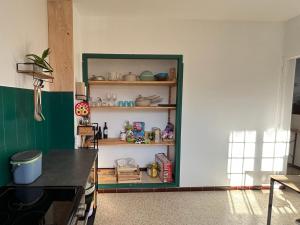 a kitchen with a green shelf in the wall at Gîte Le Chicateou in Le Dévoluy