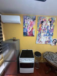 Una cocina con estufa y un cuadro en la pared. en MM Apartman, en Foča