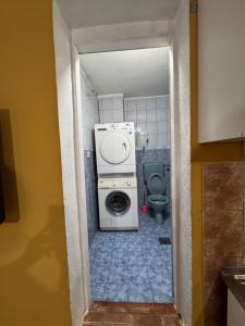 Un baño con lavadora y un inodoro. en MM Apartman, en Foča 4 fotos más