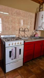 una cocina con estufa y fregadero en Cabañas Matices, en El Calafate