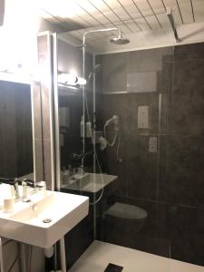 un bagno con doccia, lavandino e doccia di Hôtel Restaurant Les Fontaines a Lanvollon Altre 17 foto