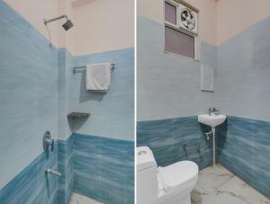two pictures of a bathroom with a toilet and a sink at Hotel Rudraksh Palace in Sawāi Mādhopur +16 photos