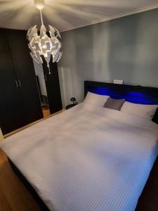 a bedroom with a large white bed with a chandelier at Beautiful 2-bedroom apartment in Bergen