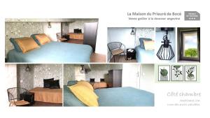a collage of three pictures of a bedroom at La Maison du Prieuré de Bocé in Bocé
