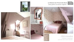 a collage of pictures of a bedroom with a bed and a mirror at La Maison du Prieuré de Bocé in Bocé