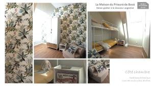 a collage of pictures of a room with a flower wallpaper at La Maison du Prieuré de Bocé in Bocé +1 photo