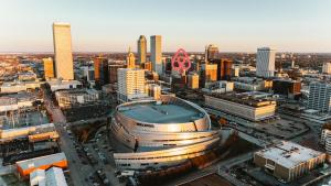 an aerial view of a city with tall buildings at Downtown Tulsa Beacon Getaway in Tulsa