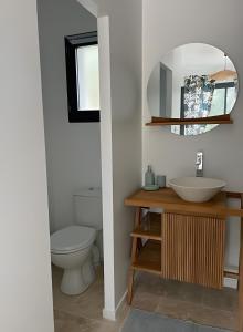 BuzignarguesにあるMaison Nichée Au Cœur Des Pinsのトイレ、洗面台、鏡のあるバスルーム +7枚の写真