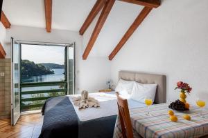 a bedroom with a bed with a view of the water at Pansion Mali Raj in Goveđari