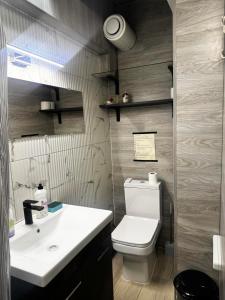 ein Badezimmer mit einer weißen Toilette und einem Waschbecken in der Unterkunft CasaCanem in Chişinău